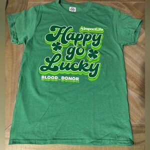 Blood donor Green Happy Go Lucky T-Shirt short sleeve small st paddy’s Patrick’s